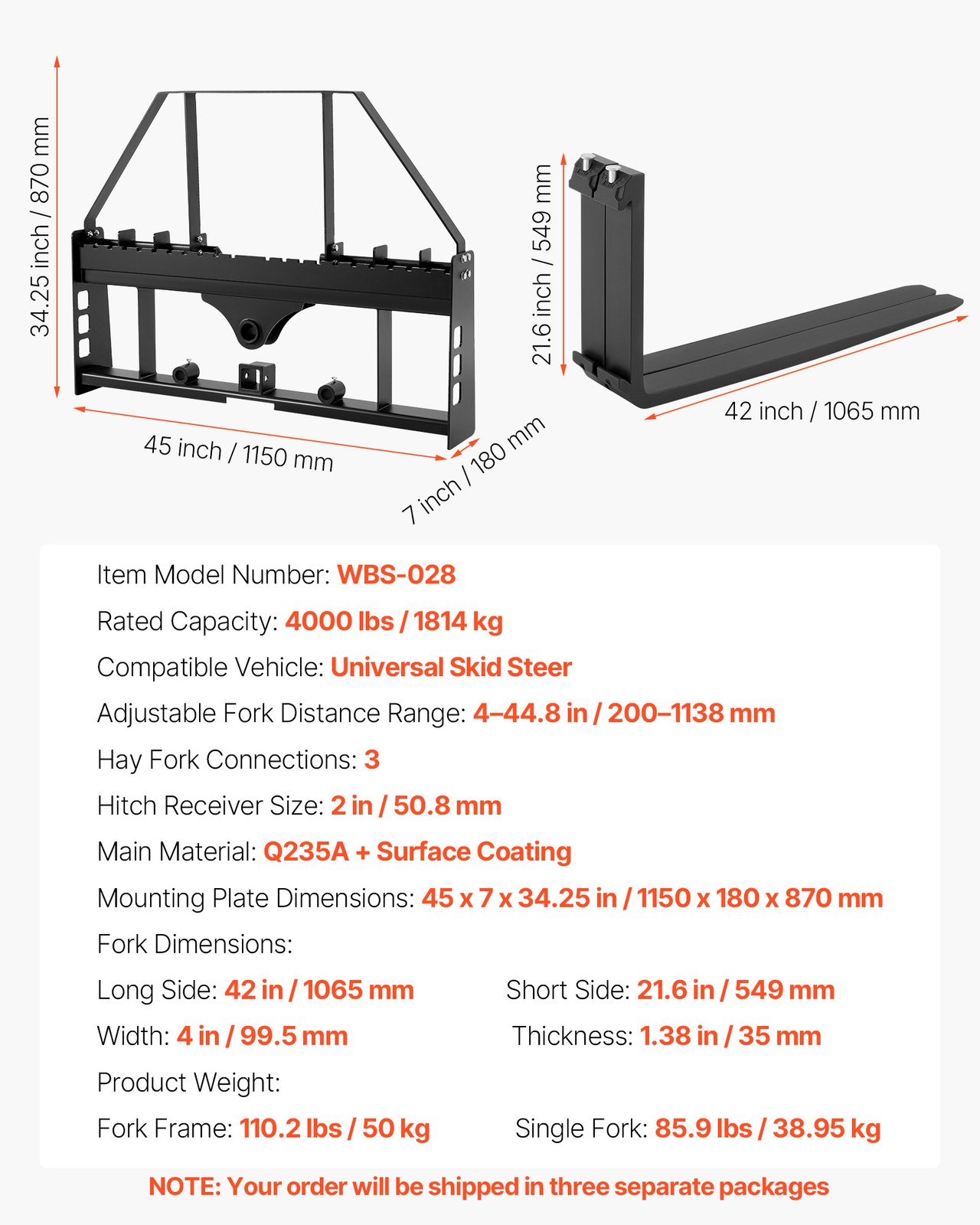 Uimoso Pallet Fork Frame Attachment with 42-Inch Forks, 4000 lbs Capacity