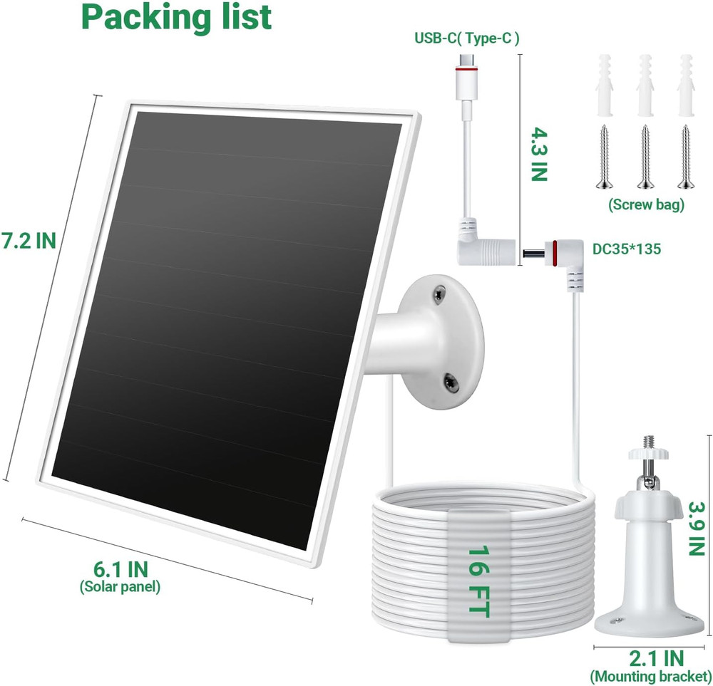 Solar Panel for Ring Camera, 6W Solar Charger with USB-C & Barrel Plug for Ring