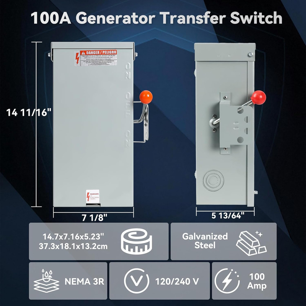 100A Generator Transfer Switch,24000W General-Duty Double-Throw Safety Switch,12