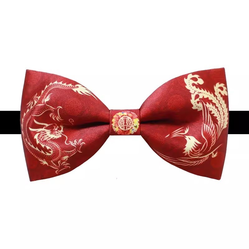 Red Double Happiness Bow Tie and Pocket Square| Dragon & Phoenix