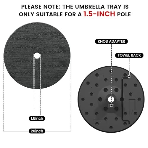 Adjustable Umbrella Table, 20'' Portable Round Umbrella Table Tray for Black