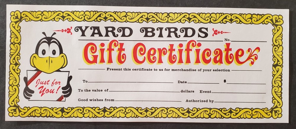 Three YARD BIRDS Unused Gift Certificates
