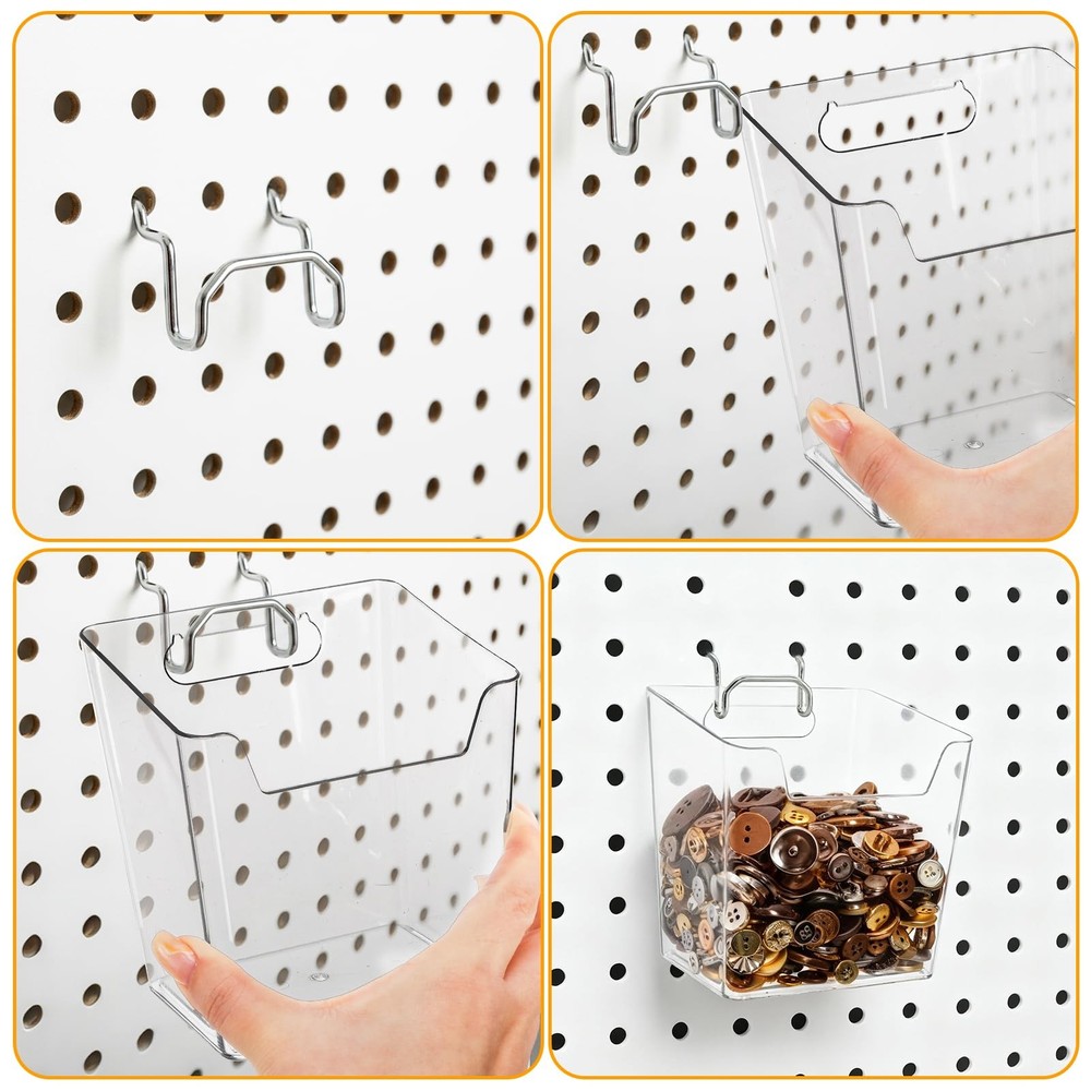 Coloch 6 Pack Clear Pegboard Cups with Hooks, Plastic Peg Board Bins Pegboard...