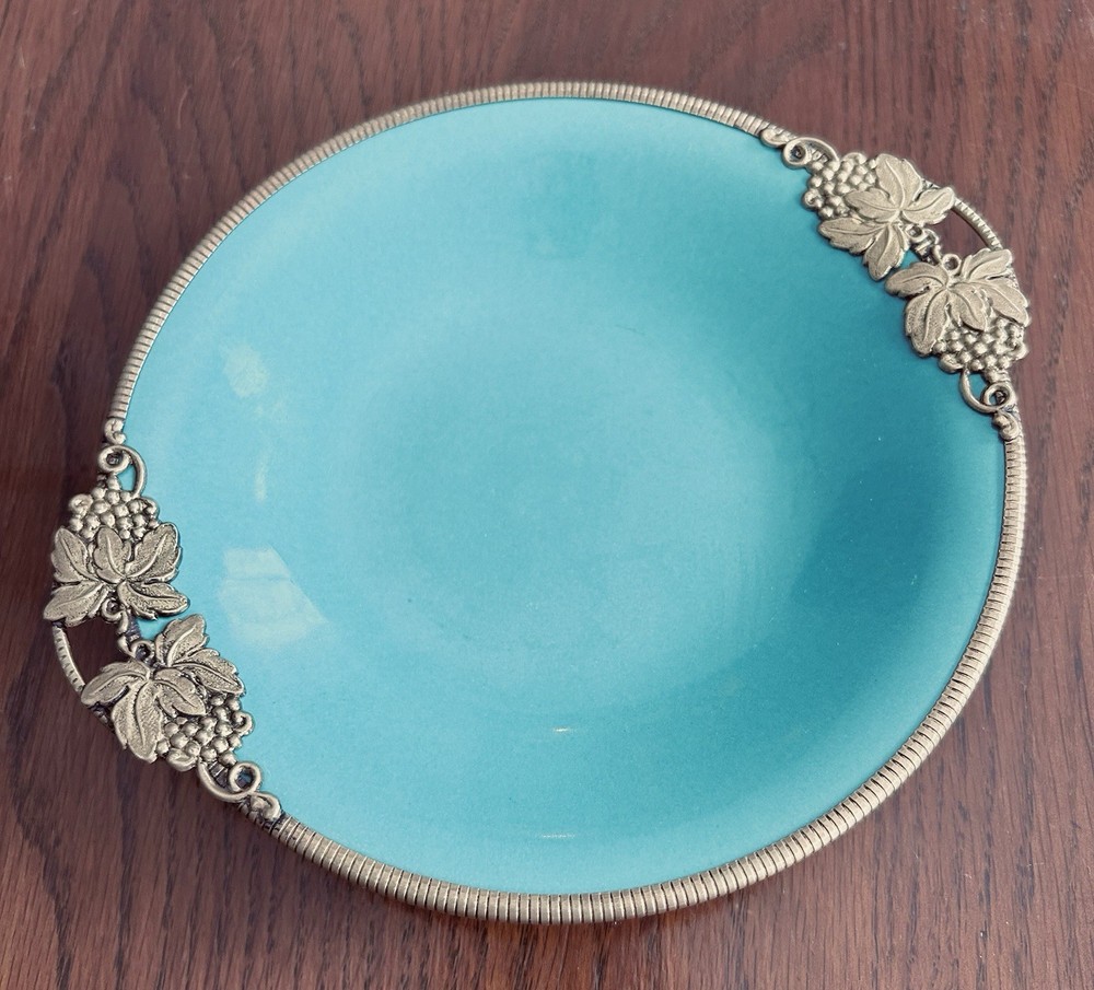Jensen Ceramic Denmark Dish Plate Turquoise Blue & Brass