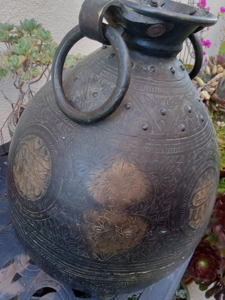 Antique Middle Eastern Etched Bronze Large Water Jug