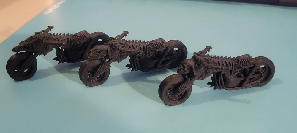 Three Black Crypt Cruiser Apocalyptic 3D Printed Bikes, Stationary Wheels,