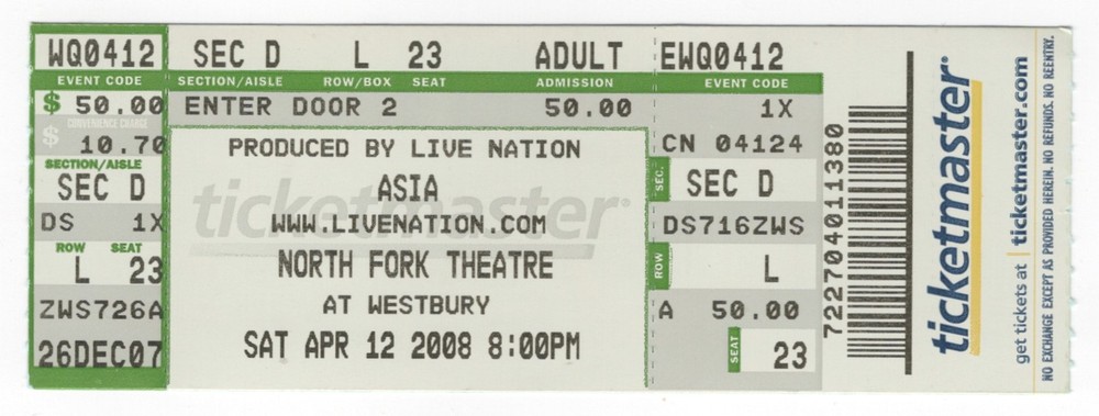 Asia the band 4/12/08 Westbury NY North Fork Theatre Ticket!