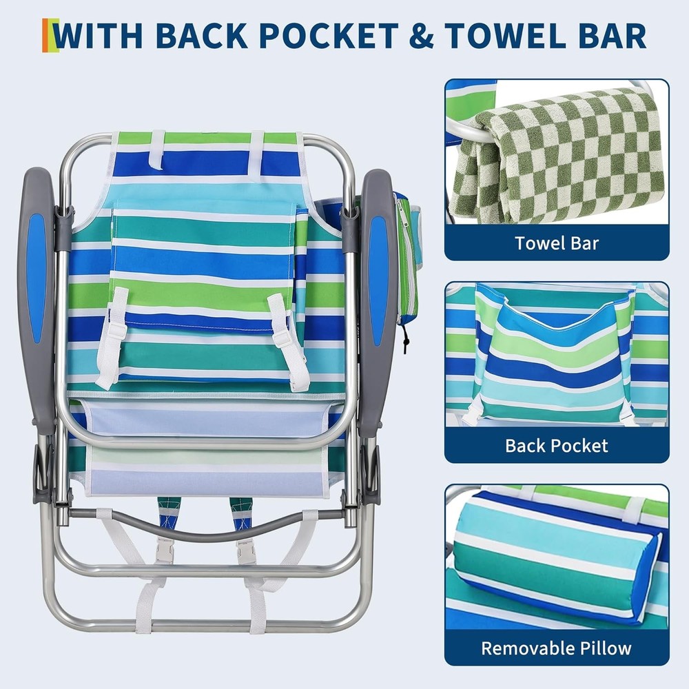 2 PCS Backpack Beach Chairs Lightweight Folding Chairs with Adjustable Backrest