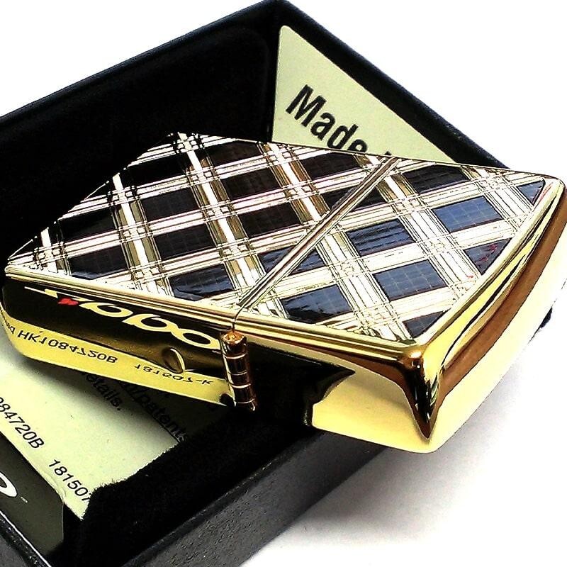 Zippo Oil Lighter Diamond Pattern Gold & Black Regular Case Japan New