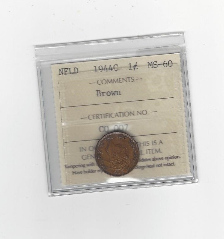 1944c, ICCS Graded Newfoundland, Small One Cent, **MS-60**