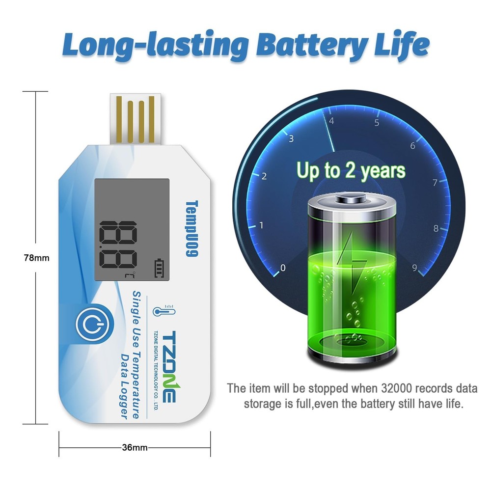 Tzone USB Temperature Data Logger Disposable Temp Recorder with PDF/CSV Repor...