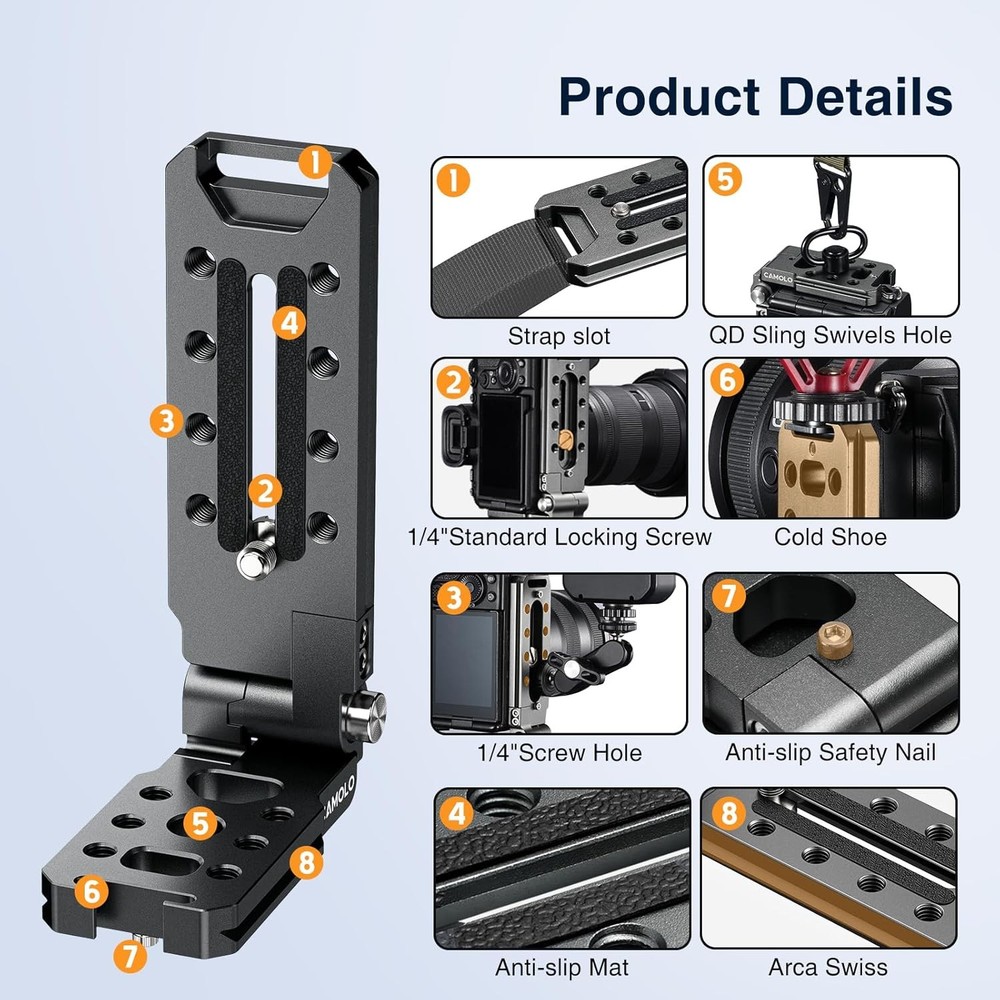 Foldable L Bracket Quick Release Plate for DSLR Camera Arca Swiss Tripod Head