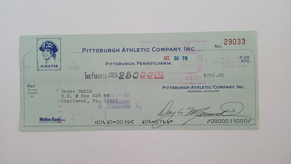 Jesse Smith: 1978 Pittsburgh Pirates Expense Check