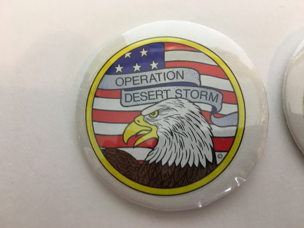 (2) 1990 Operation Desert Storm Pinback Button Support Troops USA American Eagle