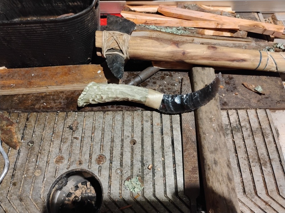 Authentic Obsidian Tomahawk And Obsidian Deer Antler Handle