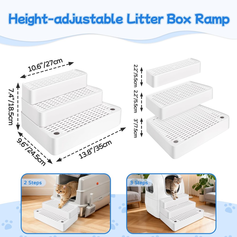 Bartuke Extra Large 3 Steps Cat Litter Box Ramp Adjustable with Filter and Easy