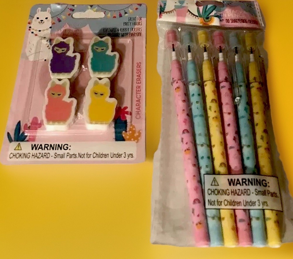 Llama Set Vinyl Pencil Pouch and Envelope, 6 Stackable Push Pencils & 4 Erasers