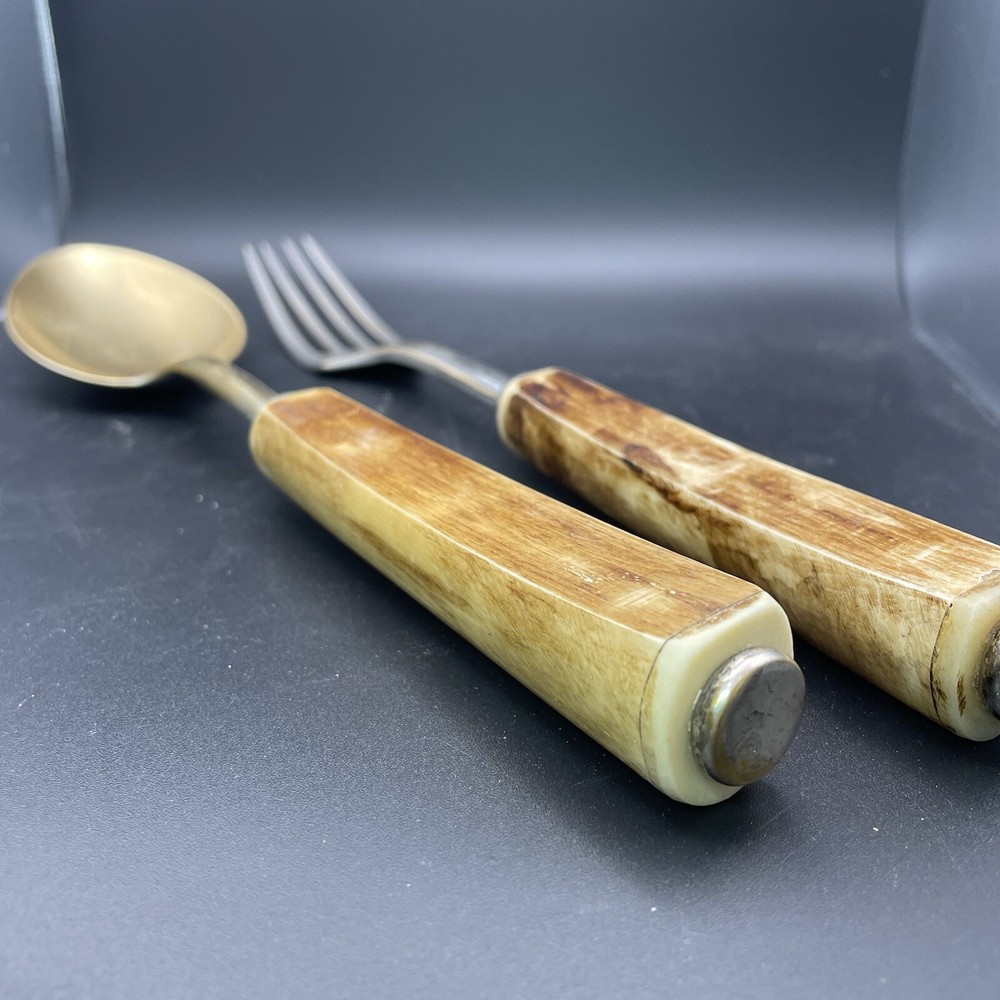 faux bone Wood handle serving fork spoon Plastic? Bakelite? Celluloid?