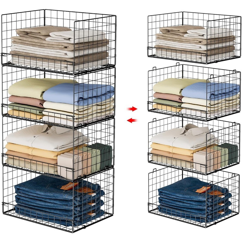 4-Tier Stackable Closet Organizer with Baskets, Foldable Storage Shelves for