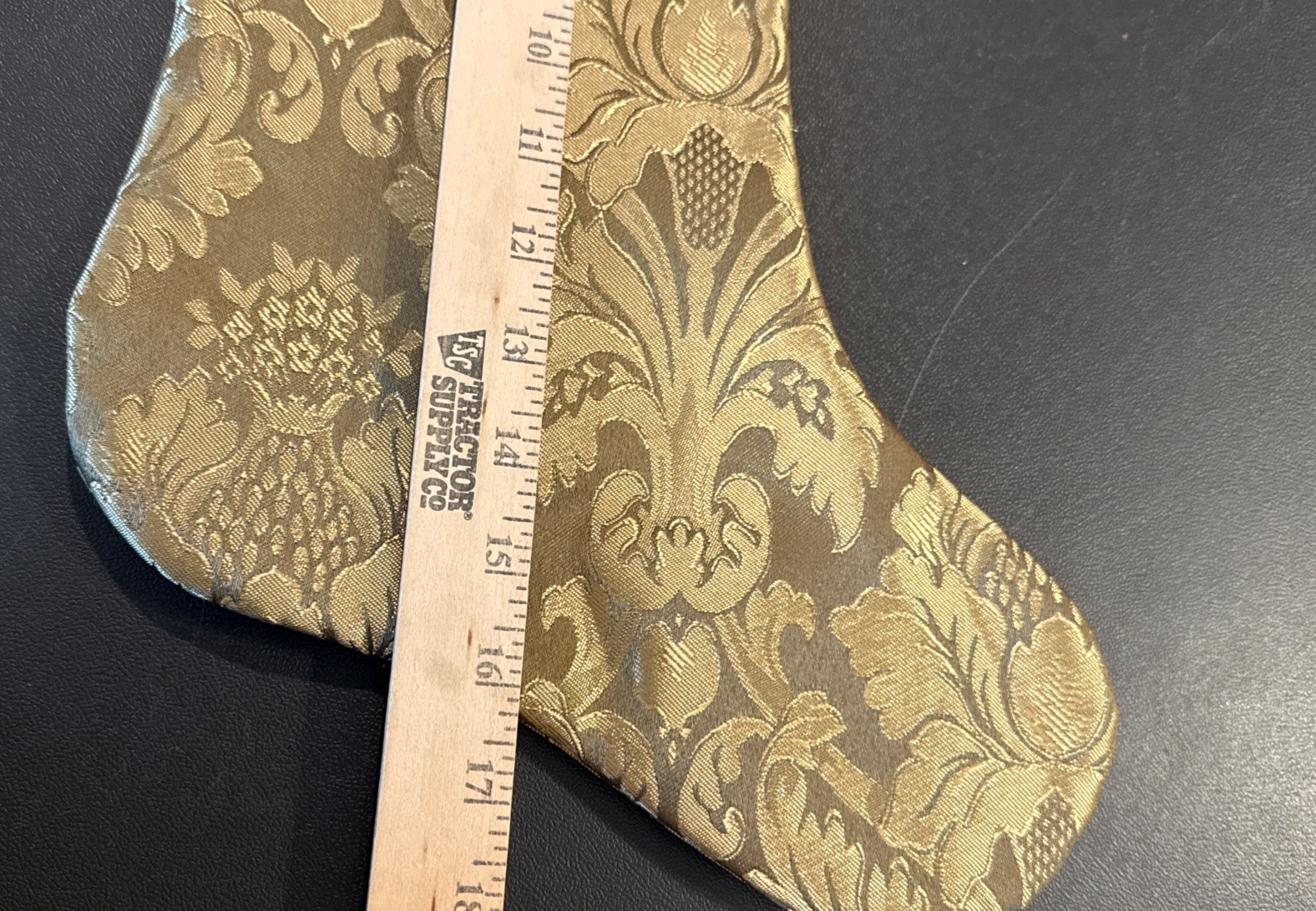 Victorian Style Damask Gold Fabric Green Velvet Trim Christmas Stocking 17” NEW