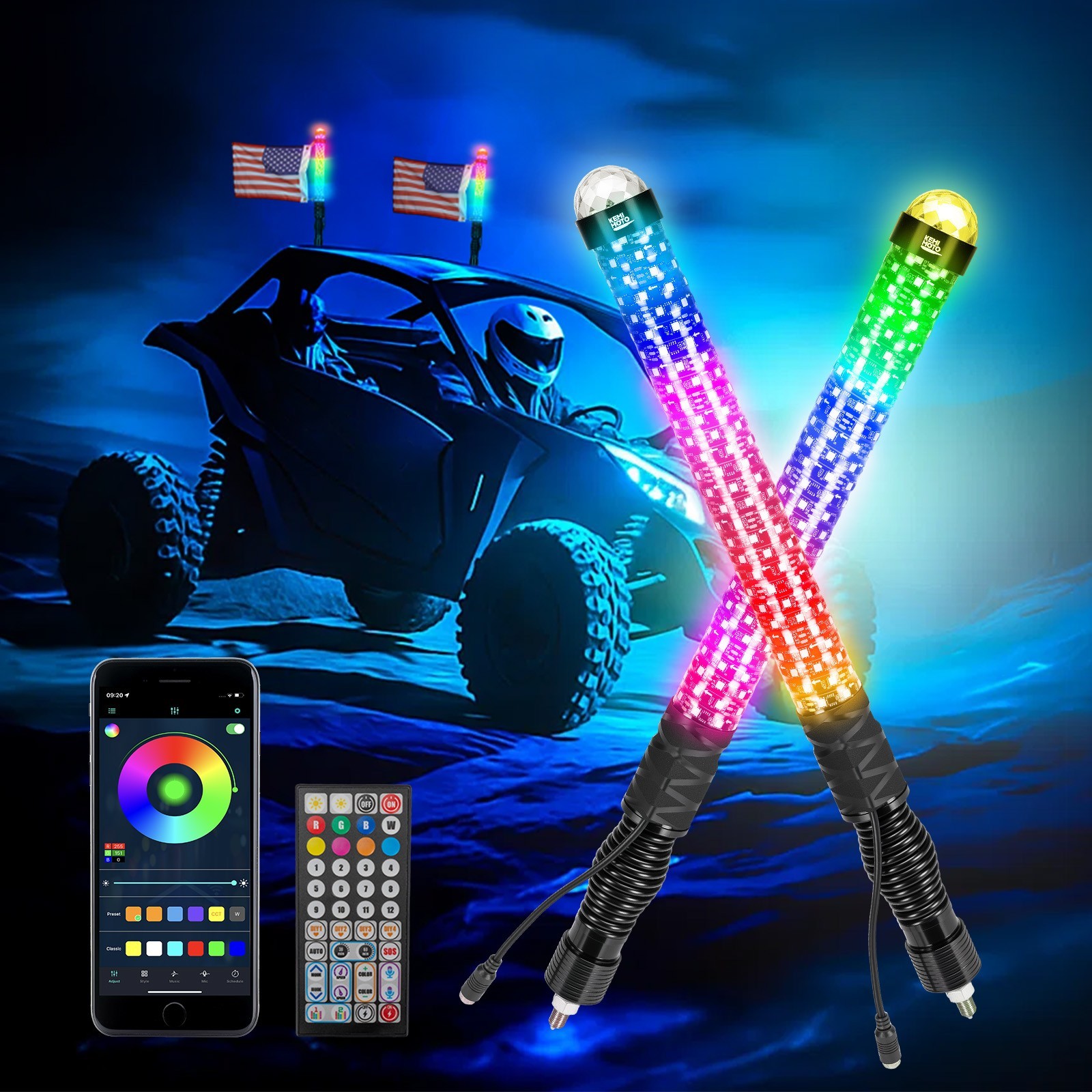 2PCS 2FT Fat Whip Lights LED Spiral Chasing Lighted w/ Warning Light for X3 RZR