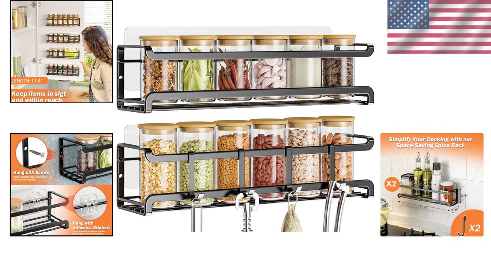 Stylish Wall Mounted Spice Rack - 2 Pack for Kitchen & Pantry Organization
