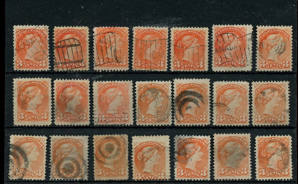 21 -- SMALL QUEEN 3 cent Various cancels, corks, used lot CAnada