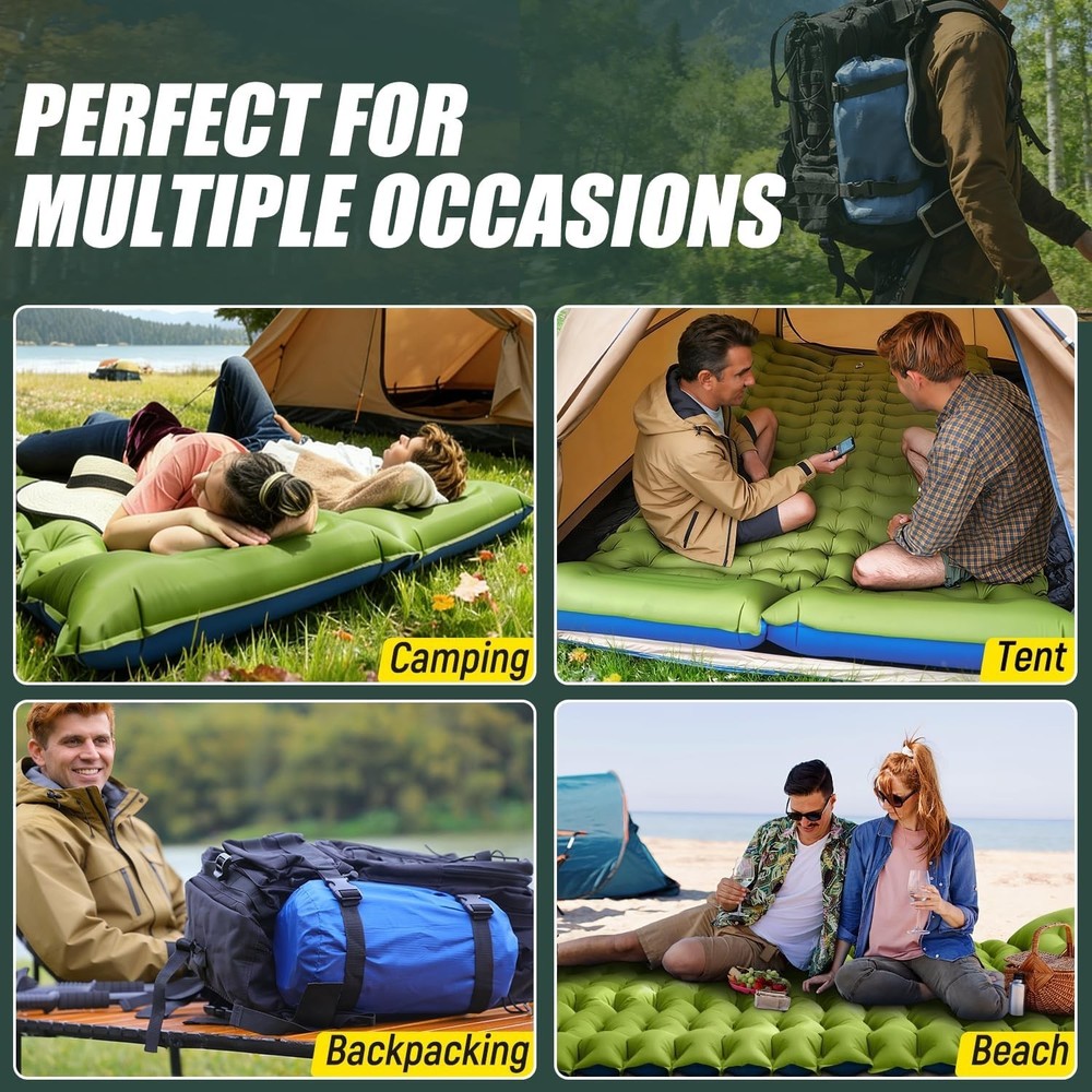 Double Sleeping Pad - Self Inflating 4" Extra-Thick for 2 Person with Pillow ...