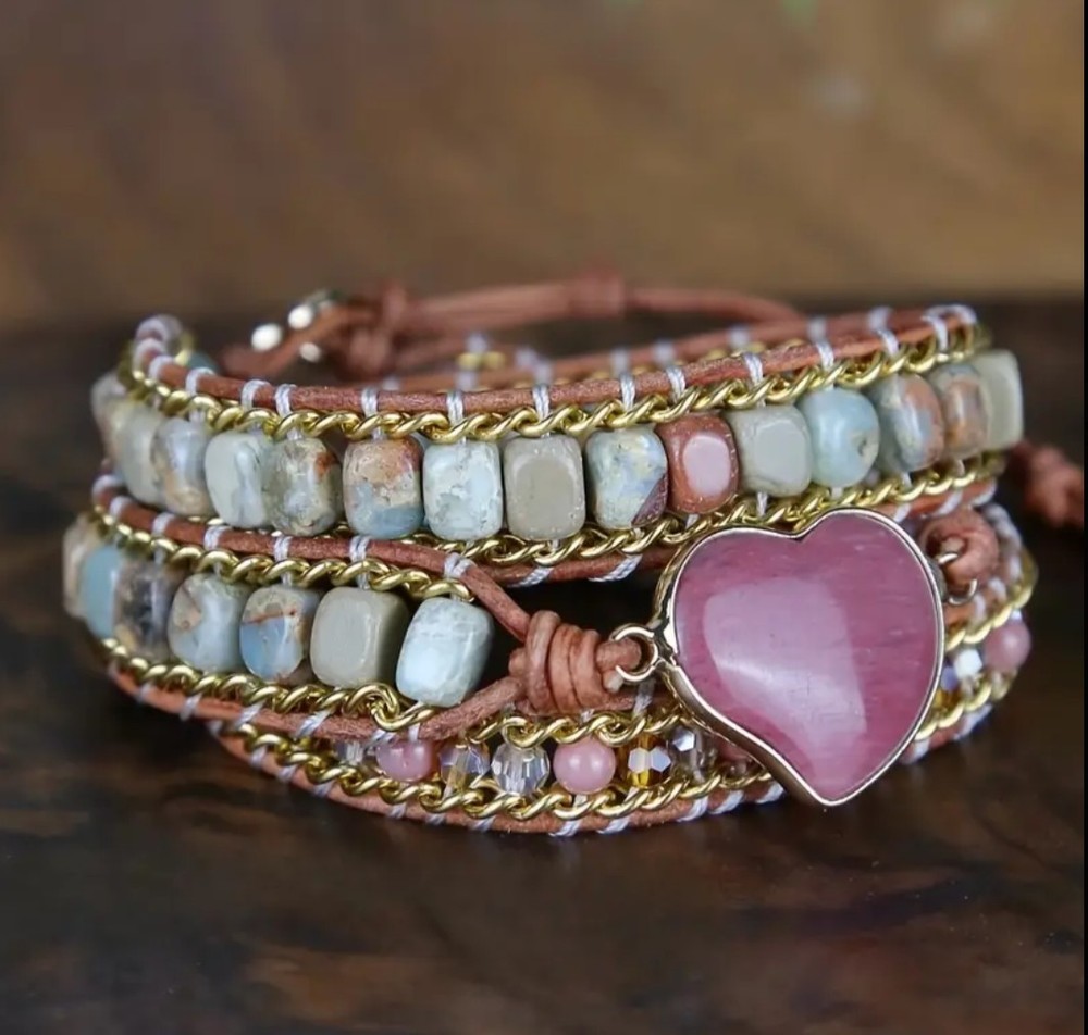 Boho Rhodinite Heart Stone Beaded 3-Layer Earthy Adjustable Wrap Rope Bracelet