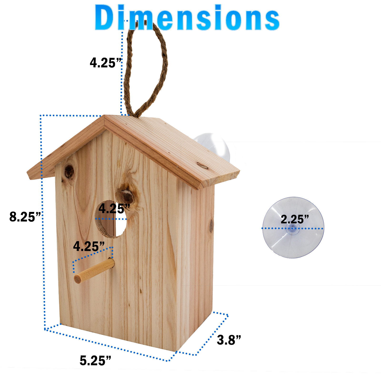 Wood Birdhouse See Through Window , Suction Cups, Lanyard Rope, Bird Nesting Box
