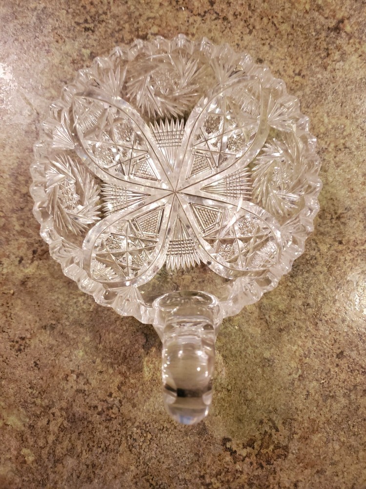 Antique Cut Sharp Crystal Glass Handled Bon Bon Candy Dish 5"