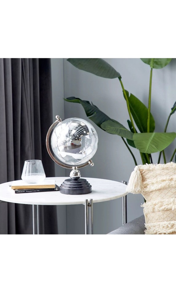 New 13 in. Silver Decorative Globe with Black Marble Base