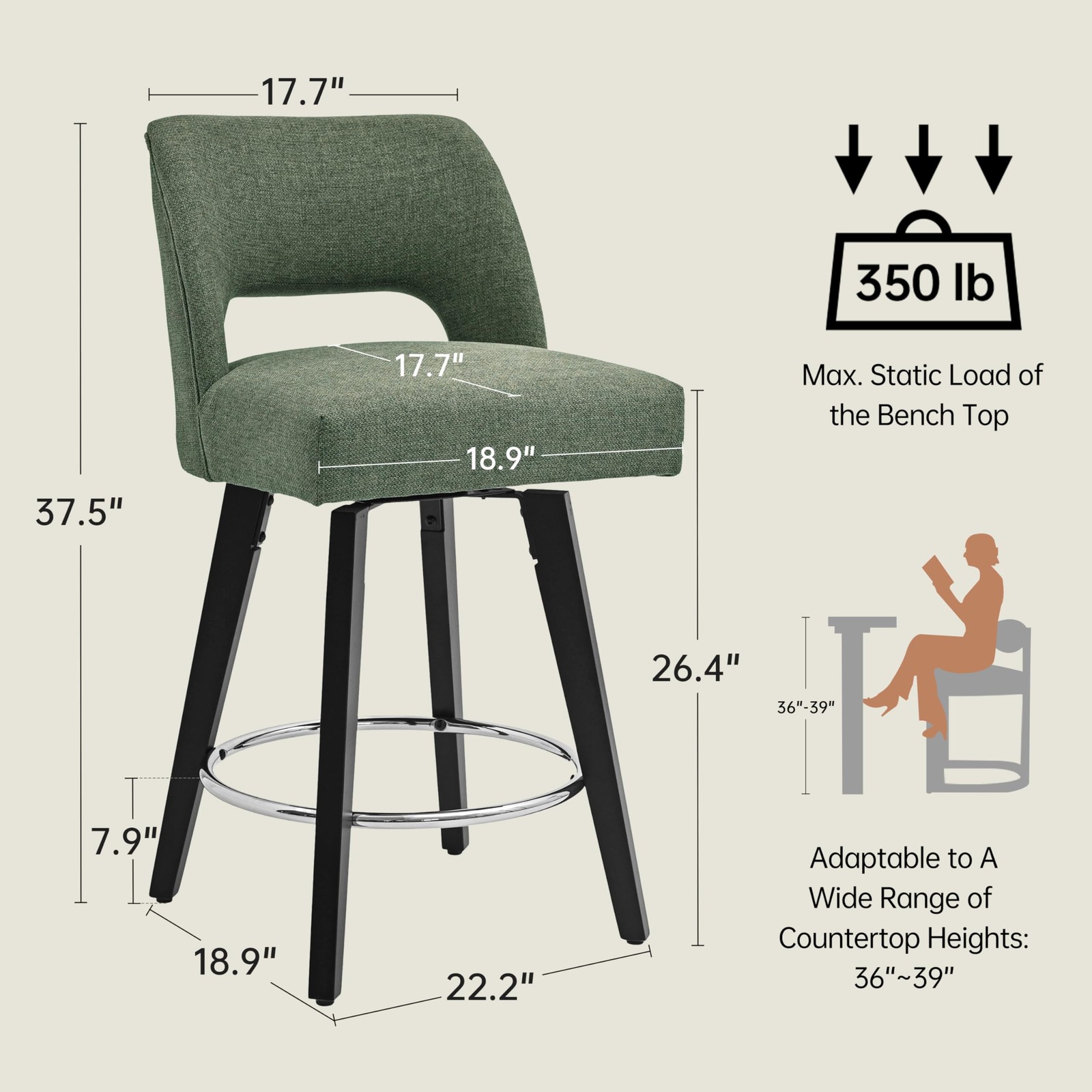 Green Modern Bar Stools Set of 2 with Supportive Back for Kitchen Island