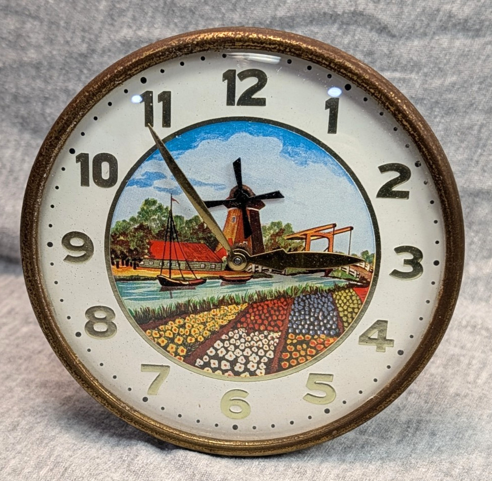 Vintage Animated Mechanical Dutch Windmill Table Desk Clock WORKS