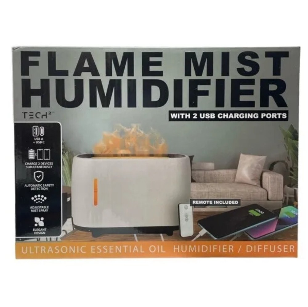 Tech Squared Flame Mist Humidifier & Ultrasonic Diffuser w/ 2 USB Charging Ports