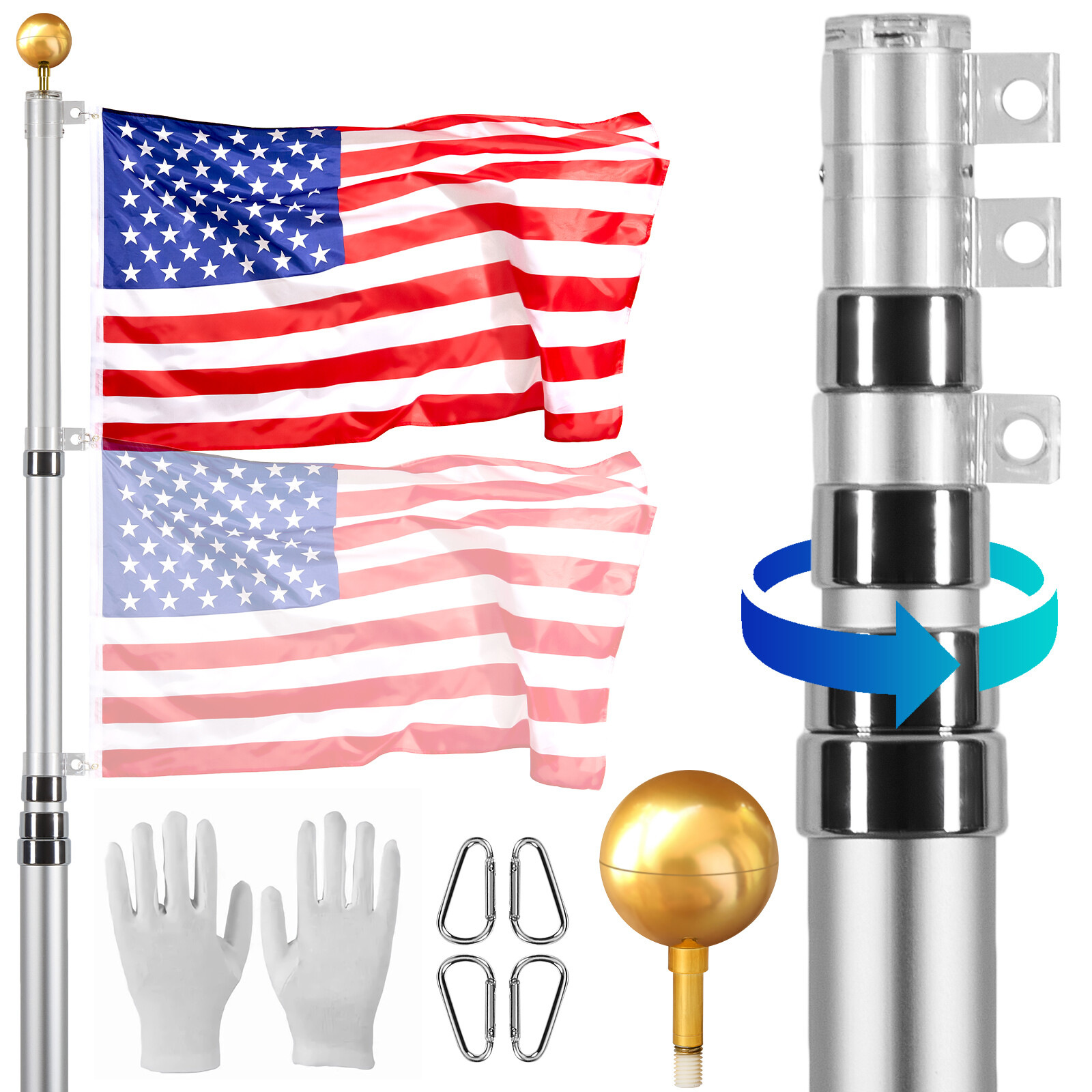 VEVOR 20FT Telescopic Flagpole Kit Heavy Duty Aluminum Flag Pole American Silver