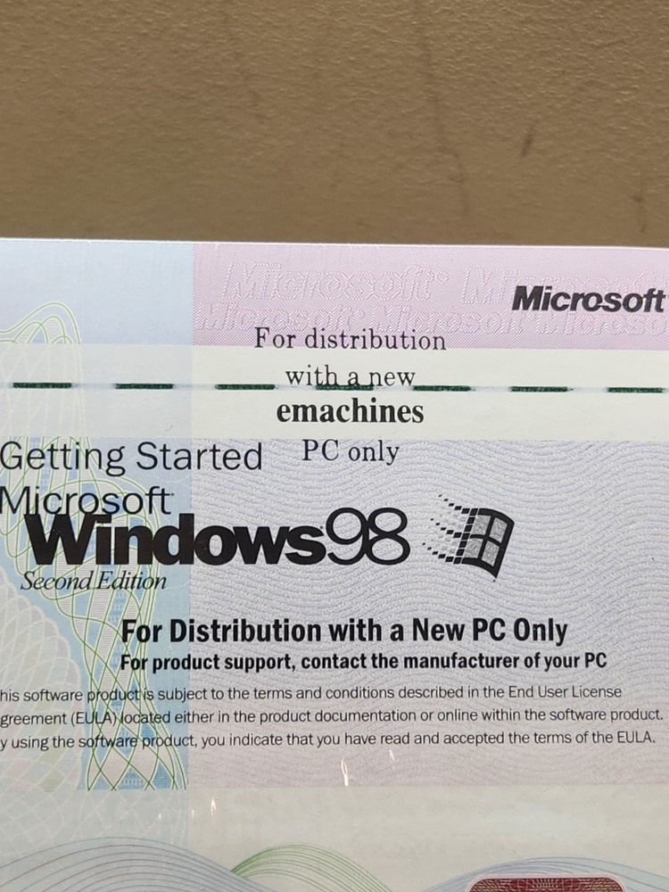 Microsoft Windows 98 Second Edition OEM eMachines Restore CD Sealed w/ COA