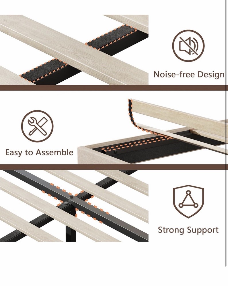 Queen Platform Bed Frame Beige LED Lights Charging Station Storage Headboard