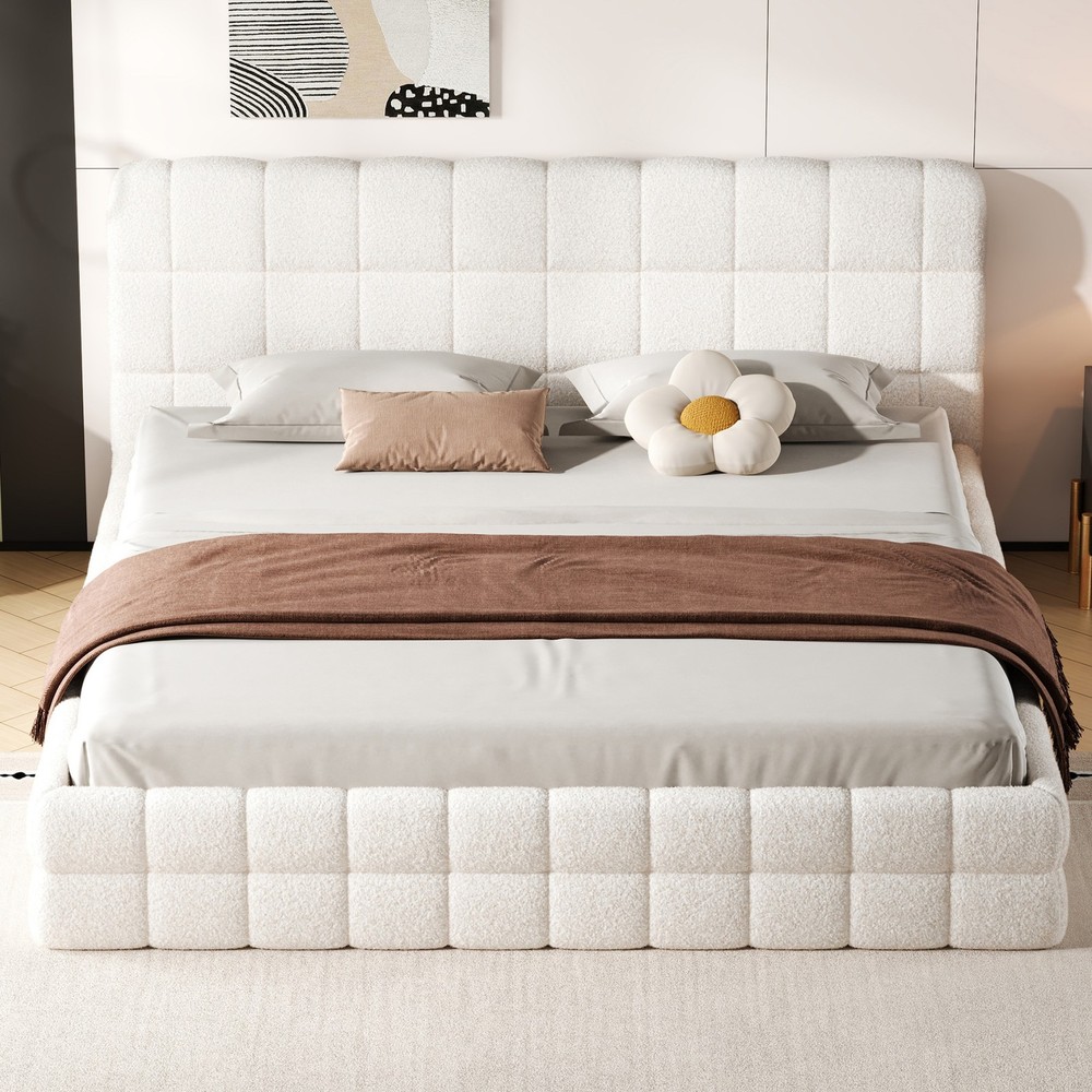 King Size Upholstered Platform Bed, White