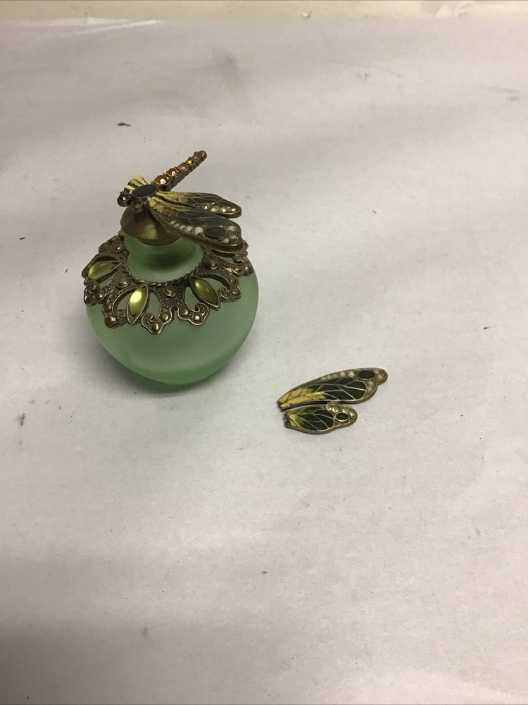 Dragonfly Empty Refillable Glass Perfume Bottle Green Beautiful 3” *READ*