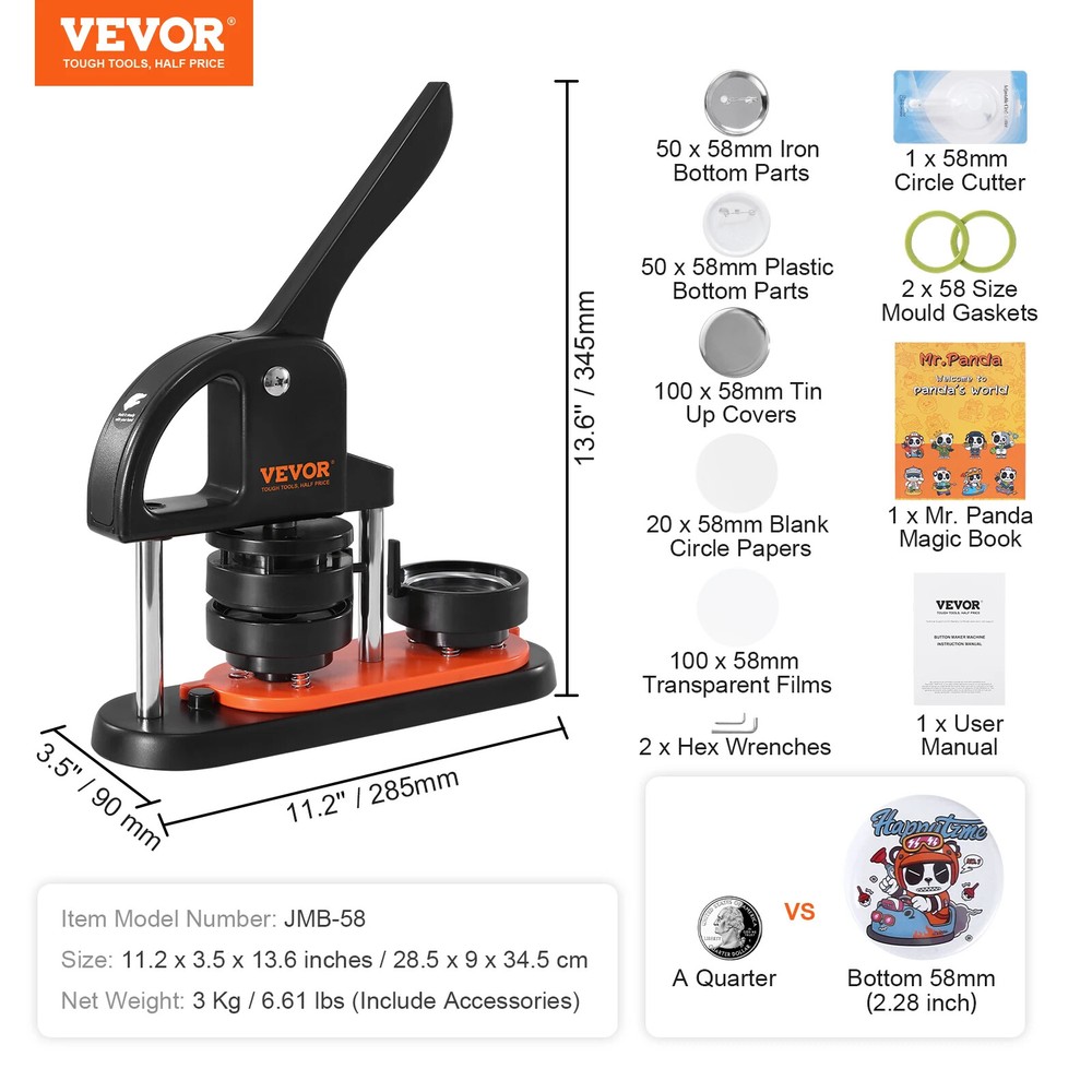 Button Maker 25/32/58 Pin Maker with Button Parts Arc Handle Punch Press Kit