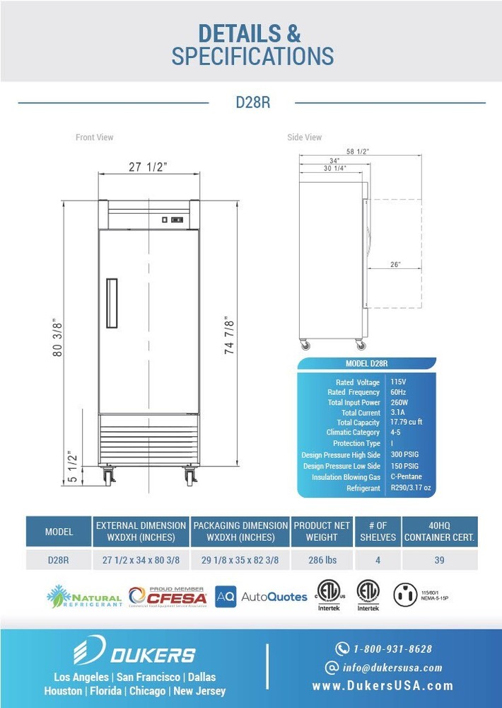 DUKERS D28R, BOTTOM Mount 1-Door REFRIGERATOR