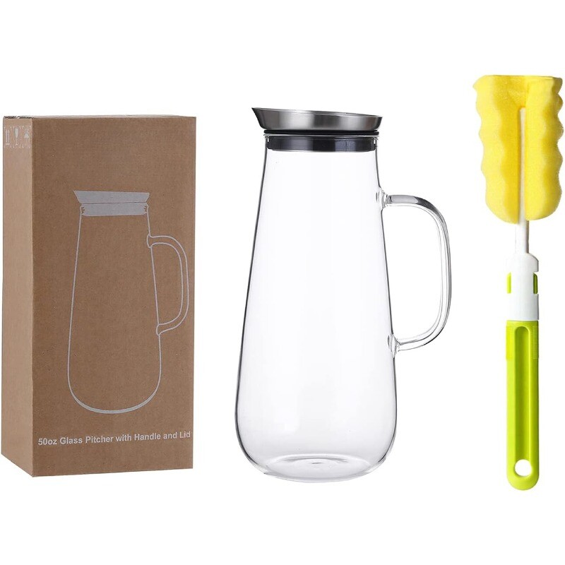 50oz/1500ml Glass Pitcher with Handle and Stainless Steel Silicone Filter Lid