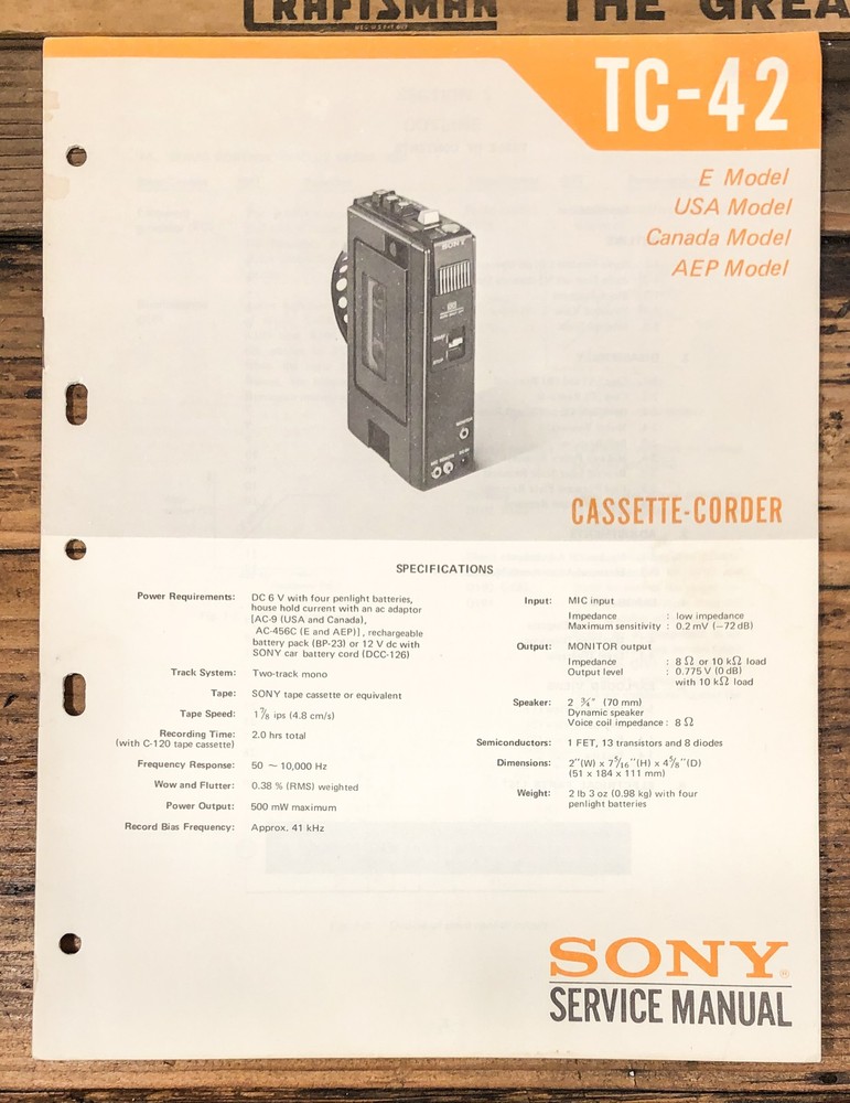 Sony TC-42 Cassette  Service Manual *Original*