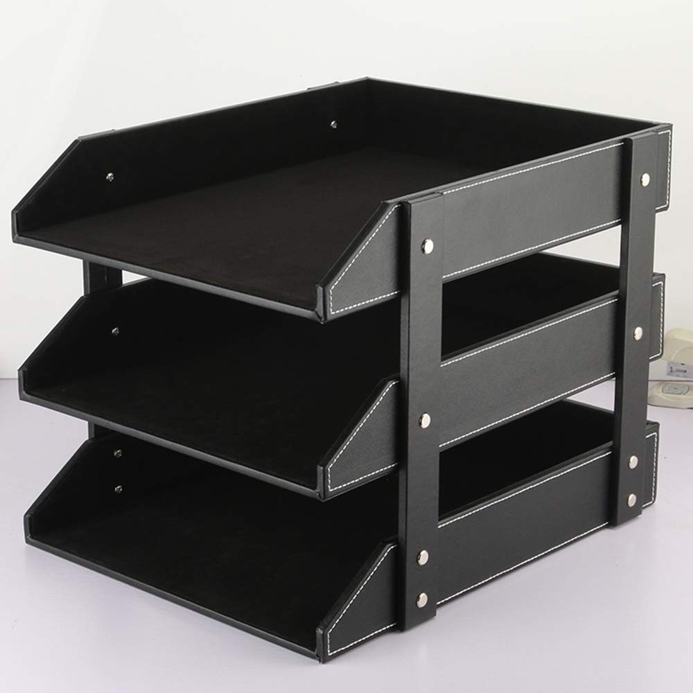 Leather Desk File Organizer 3Layer Stackable Tray Stationery Storage Black