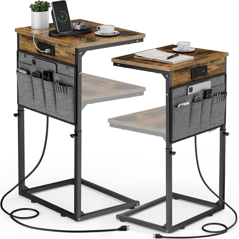 C Shaped End Table W/ Charging Station Adjustable Height Couch Sofa Side Table