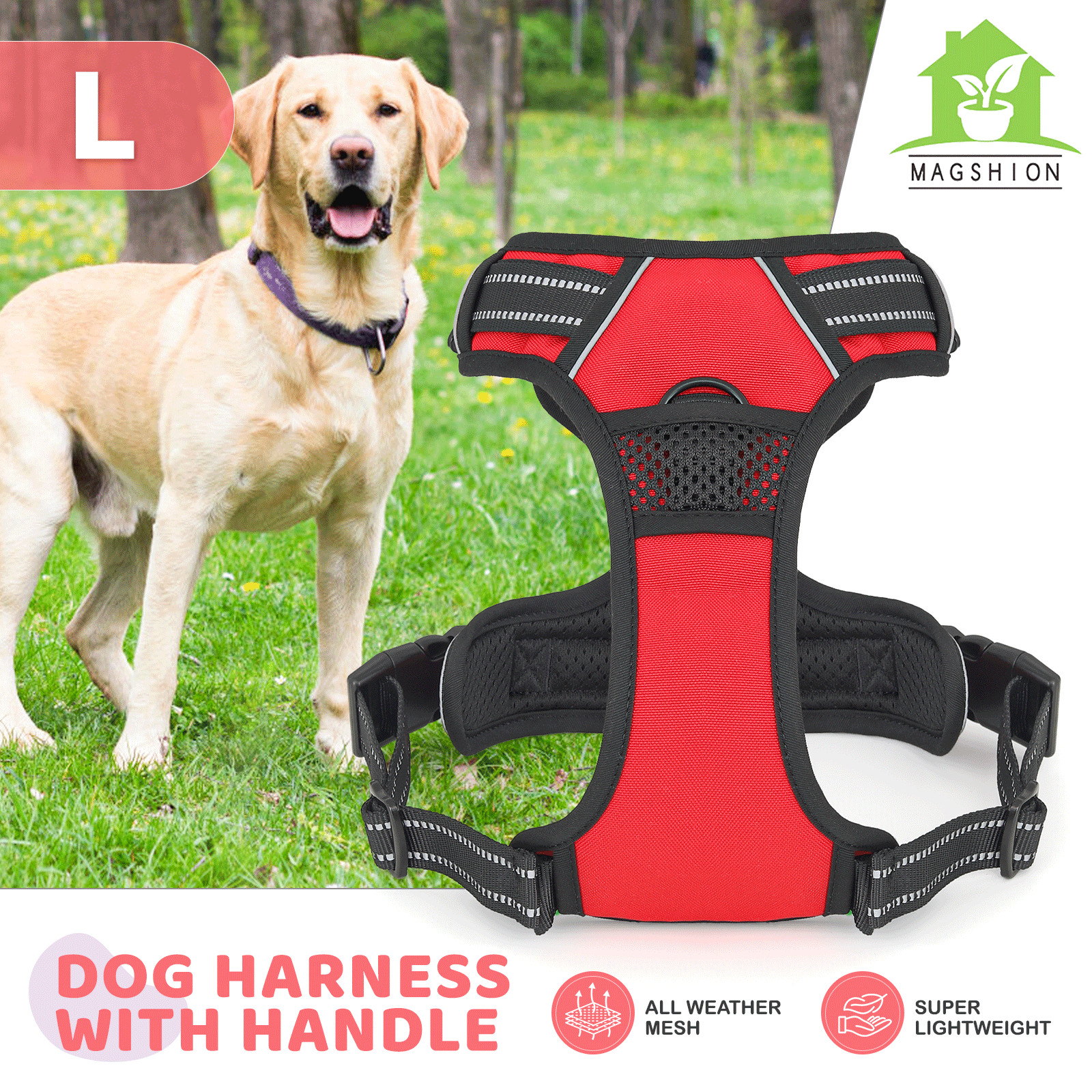 Adjustable Control No Pull Pet Dog Harness Red w/Reflective Strips & Soft Handle