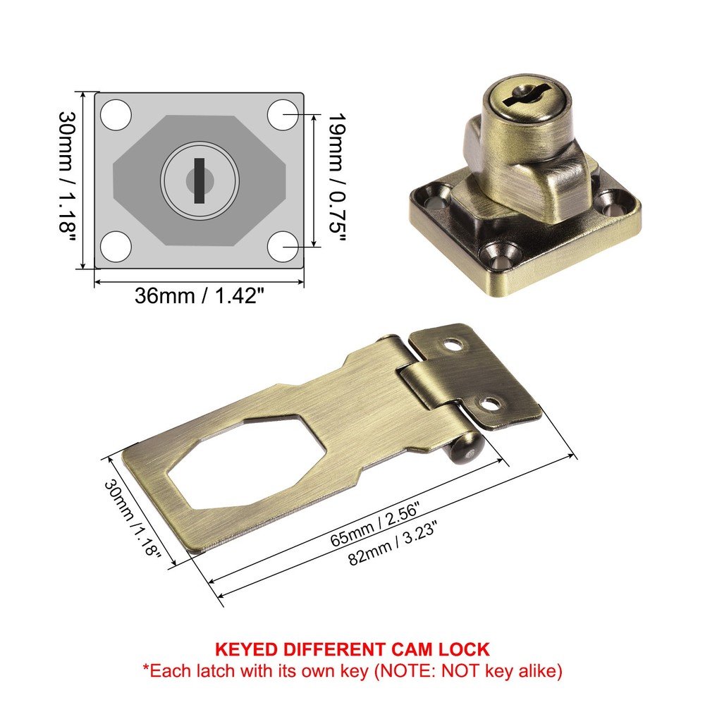 2Pcs 2.5Inch Keyed Hasp Locks Twist Knob Locking Keyed Different, Bronze