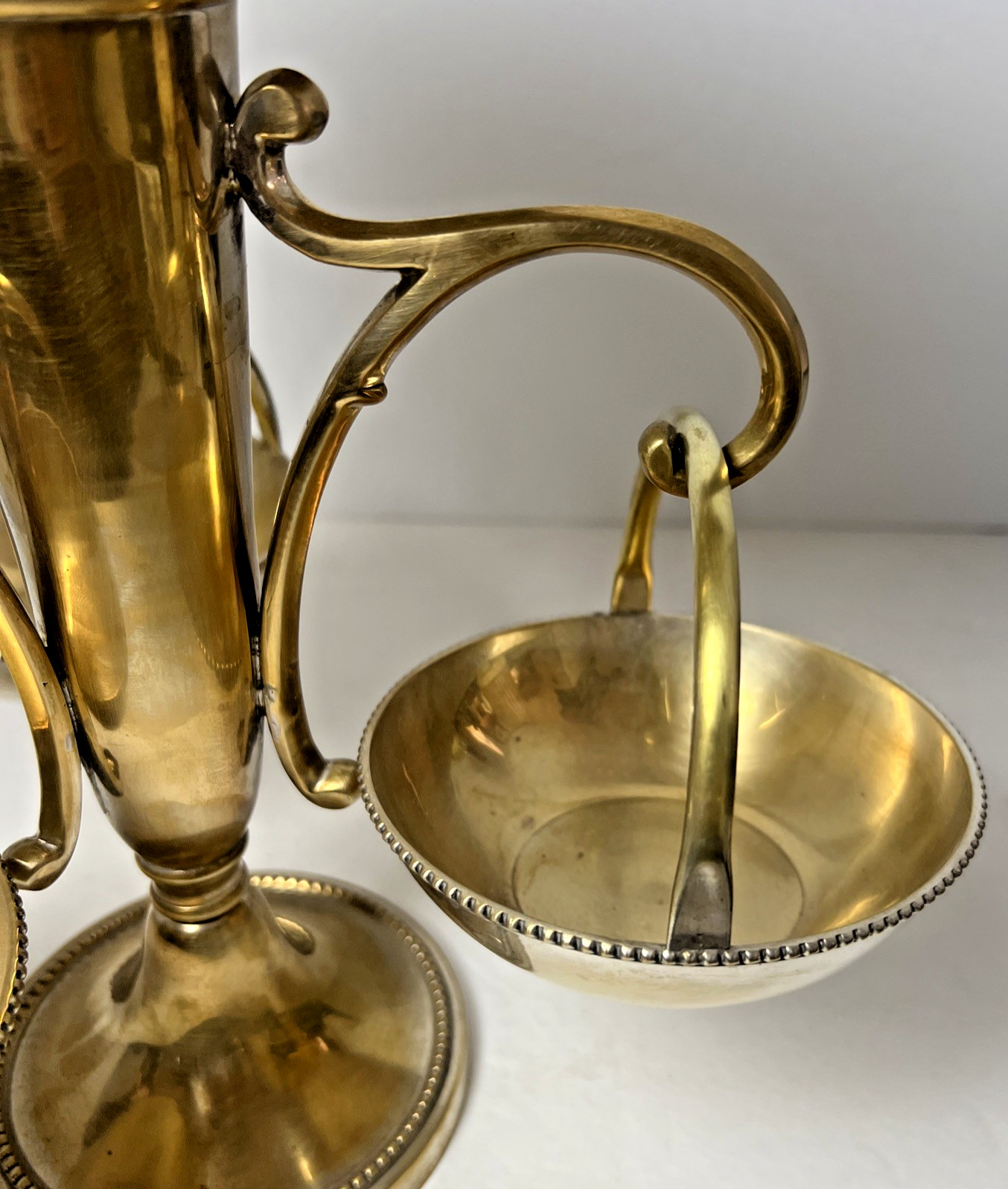 Antique Victorian Epergne Stand Gilt Silverplate Nickel 3 Hanging Bowls 11.5"