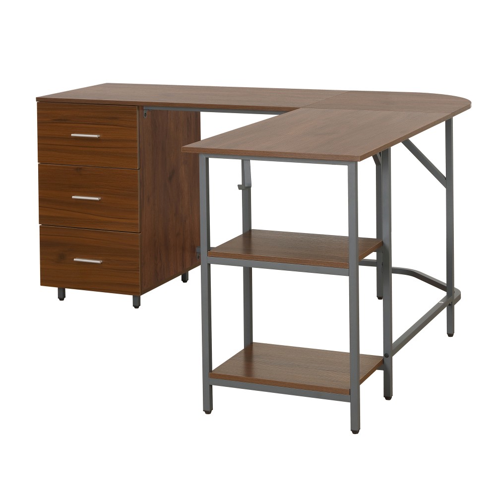 Rustic L-Desk - Engineered Walnut Top - Storage Drawers & Adjustable Shelves